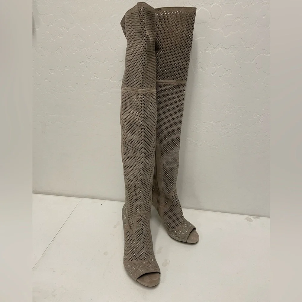 VINCE CAMUTO Kamorina Rhinestone‎ Suede Over the Knee Peep Toe Boot Size 6M/36